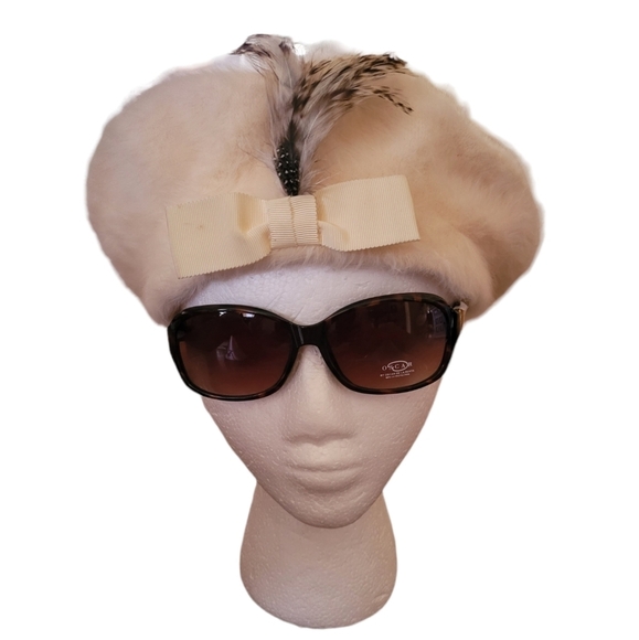 Vintage - Cream Angora Feather‎ Bow Beret - Picture 2 of 4